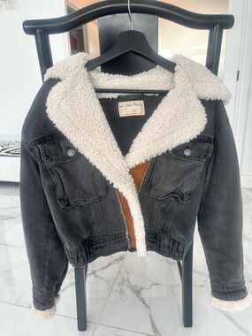 We The Free Black Washed Jacket with Cream Sherpa Trim